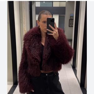 Mango Deep Burgundy Fur Jacket